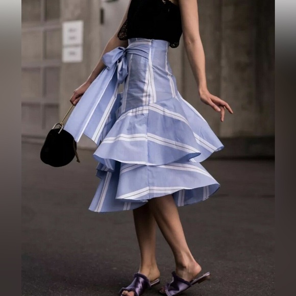 ZARA Asymmetrical ruffle midi skirt in blue, white and black stripe - Picture 3 of 6